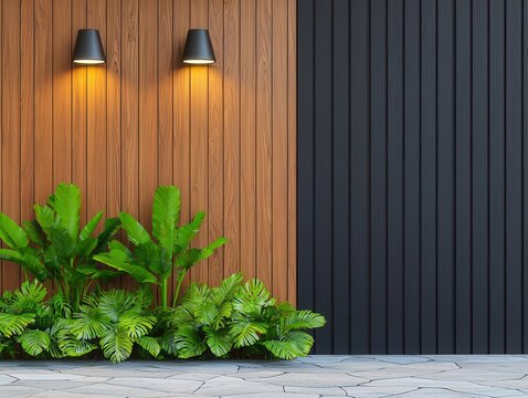 Elegant wooden coffee shop exterior with warm teak paneling, a stone pathway, and integrated soft lighting