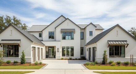 White stucco modern house front driveway, sloped metal roof.