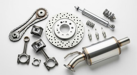 Organized flat lay automotive mechanical parts on white background