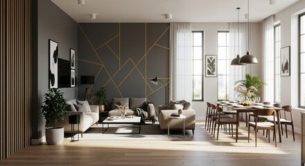 Sleek contemporary living room interior featuring a striking golden metallic triangle wall accent