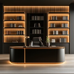 Modern luxury office workspace: executive leather desk chair in panoramic window office