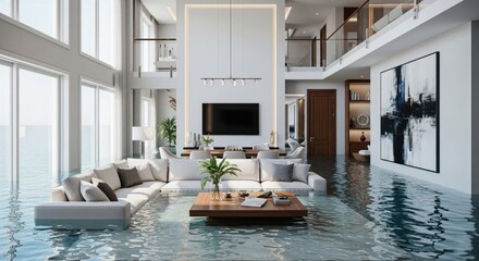 Contemporary home interior suffering extensive water damage after an unexpected flood event.