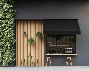 Minimalist coffee shop exterior with polished wooden paneling, a sleek black awning, and lush greenery