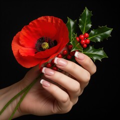 Elegant hand with french tip nails holding poppy and holly.