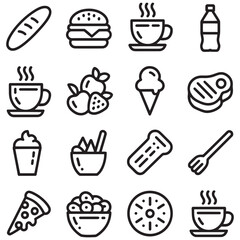 Outline food icons collection with various meals and beverages
