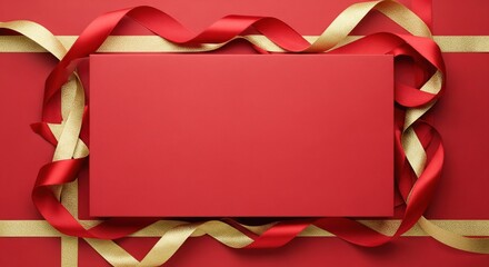 Festive red studio background with golden and red satin ribbons