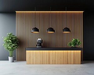 Minimalist wooden cafe with horizontal timber cladding, a natural stone entrance, and glowing pendant lights
