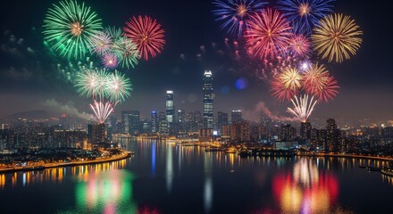 Vibrant new year 2026 fireworks over cityscape