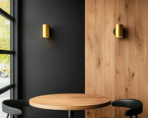 Elegant coffee shop featuring sleek wooden walls, blackframed windows, and golden wall sconces