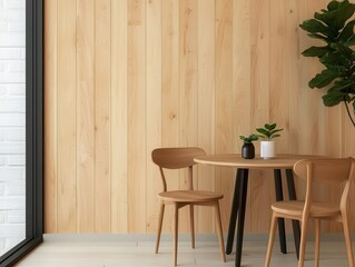 Stylish wooden coffee shop featuring polished cedar panels, soft golden lighting, and large open windows