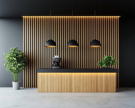 Minimalist wooden cafe with horizontal timber cladding, a natural stone entrance, and glowing pendant lights