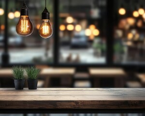 Rustic coffee shop with weathered wooden paneling, an openair terrace, and glowing Edison bulbs