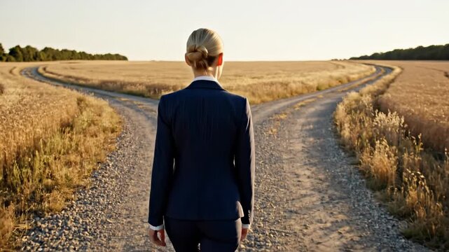 Confident businesswoman in a suit standing at a crossroads in a rural landscape, symbolizing decision making, career path choices, and future business opportunities at sunset