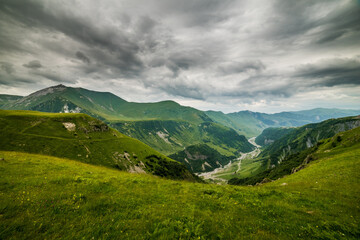 View of Gergeti Trinity Church (Tsminda Sameba) in Kazbegi, Georgia. The Church near the village of Gergeti, under Mount Kazbegi