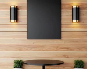 Elegant coffee shop featuring sleek wooden walls, blackframed windows, and golden wall sconces