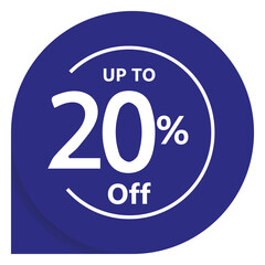 Up to 20 percent off promotional blue circular badge design. Vector sticker for retail promotion, limited time offers, and super sales. Isolated PNG asset.