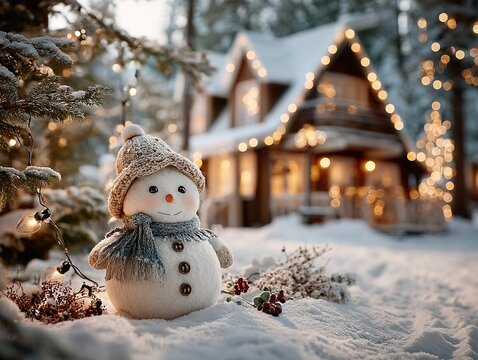A smiling elegant snowman with knit hat and gray scarf, buttons on chest, stands before a snow-covered cabin with warm string lights, red berries on snowy ground, evoking a quiet winter night