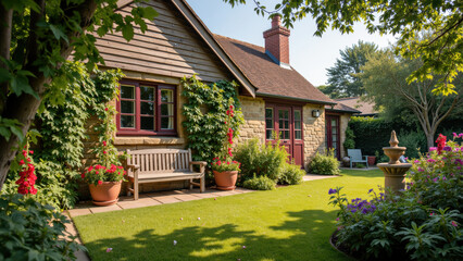 Charming garden cottage with stone exterior, surrounded by vibrant flowers and lush greenery, offers serene outdoor space