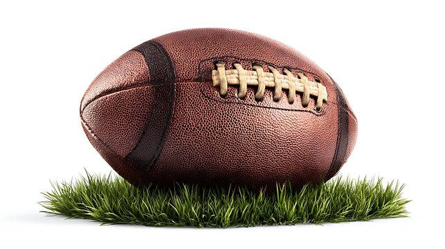 A classic brown football rests on a patch of vibrant green grass