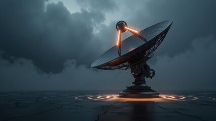 Futuristic satellite dish stands against moody sky, illuminated by glowing orange lights, creating dramatic atmosphere