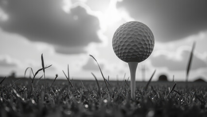 Golf ball on tee in grassy field, captured in black and white, with clouds in background creating dramatic atmosphere