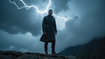 Dramatic scene featuring figure standing on rocky outcrop under stormy sky, illuminated by lightning. atmosphere conveys tension and intensity
