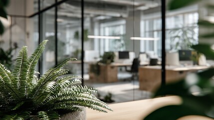 Modern Bright Office Interior with Green Plants. Blurry office space. Modern workspace design. Glass walls, blurred furniture, plants. Natural light, commercial building, business concept, indoor.