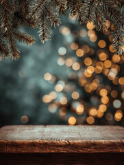 Empty Wooden Table with Christmas Bokeh Lights and Fir Branches for Product Display