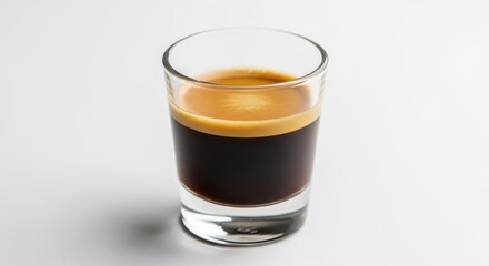 Small glass contains a freshly prepared shot of dark, concentrated coffee beverage