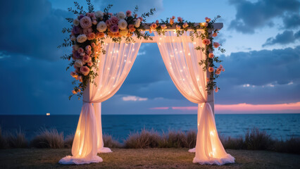 Elegant floral arch with draped fabric, illuminated by soft lights, set against serene ocean backdrop at dusk, creating romantic atmosphere
