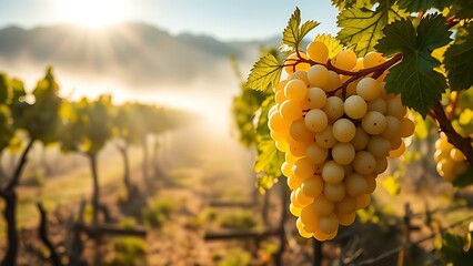 torrontes. Sunlight through morning mist on a cluster of white grapes in a vineyard. bar promotions, beverage menus, designed for food & beverage menus and cafe branding, enhances appetite appeal.
