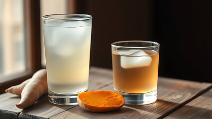 shochu. Frosted glass of shochu with roasted sweet potato on a wooden surface. bar promotions, beverage menus, packaging labels, designed for product packaging and bar promotions, used by chefs.