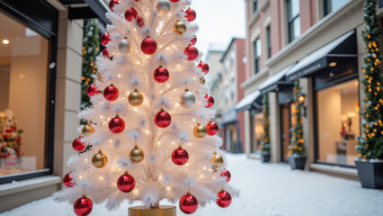 Beautifully decorated Christmas tree stands in snowy street, adorned with red and gold ornaments, creating festive atmosphere