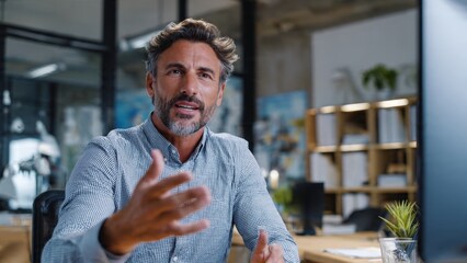 Dynamic male executive engaging in video conference call in a tidy office environment