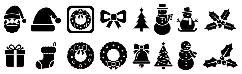 Christmas Holiday Icons with Santa Snowman Gifts and Wreaths