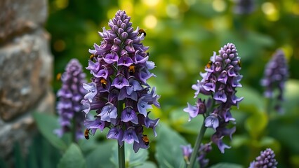 comfrey. A cluster of purple comfrey flowers in a garden attracting bees, with a blurred green background. gardening catalogs, home-decor guides, designed for gardening and botanical catalogs.