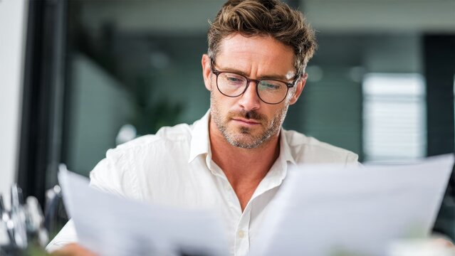 Focused businessman reviewing documents at his desk in a modern office environment