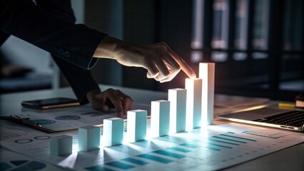 Analyzing business growth office setting data visualization dark environment focused viewpoint illuminated insights