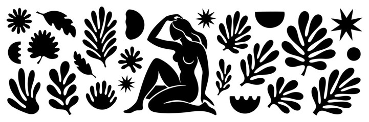 Fototapeta premium Abstract Matisse Inspired Wide Banner with Sitting Woman Silhouette and Organic Plant Shapes