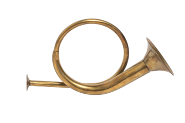 Isolated vintage brass metal post horn, decorative brass post horn on transparent background, Christmas holiday, ornament concept, PNG