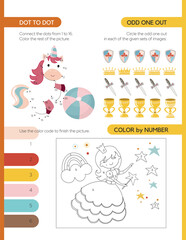 Pages for a children's activity book. The theme is a fairytale kingdom. Dot-to-dot, odd one out and Color by number. Fun activities for preschool and school-age children. Vector illustration.