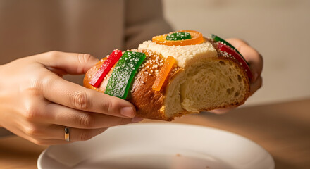 Hands holding a slice of colorful decorated sweet bread, a festive treat