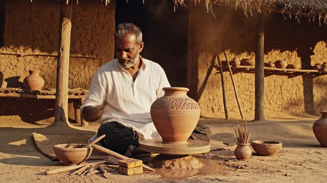 Professional indian potter skillfully creating a decorative pattern on a clay vase using a tool while it spins on the pottery wheel, surrounded by his tools and finished works in a rustic workshop