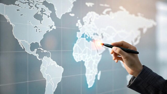 Strategic planning action global holographic map business environment interactive viewpoint focus on decision making