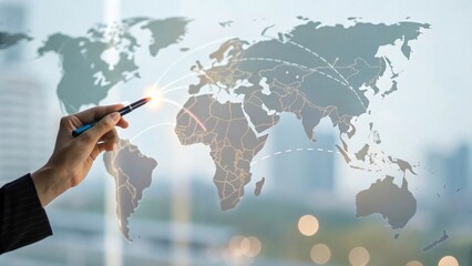 Strategic planning session hand placing marker on holographic world map in modern office environment