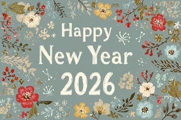 Colorful flowers surround a cheerful greeting, celebrating the arrival of the New Year in 2026. This decorative design invites happiness and new beginnings