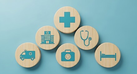 Wooden blocks displaying various medical icons on a light blue background