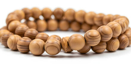 Natural wooden beads arranged in a calming circular pattern, symbolizing serenity and mindfulness.