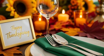 Elegant Thanksgiving Dinner Table Setting with Autumn Decorations, Lit Candles, and Festive Ambiance for a Warm Holiday Celebration