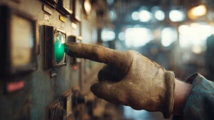 A hyperrealistic close-up of a factory worker's hand in a worn work glove, pressing a luminous green button on an aged industrial control panel. Soft, diffused natural light from above highlights dust
